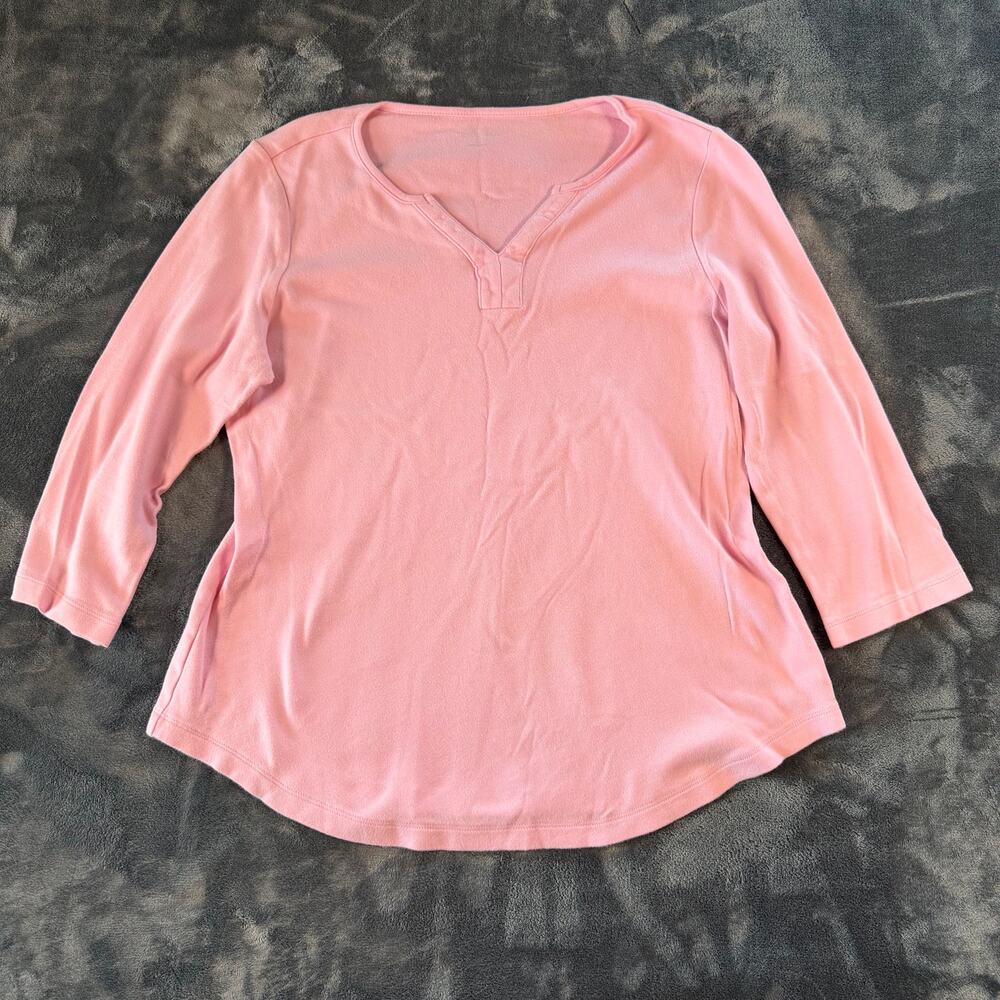 Kim Rogers Womens Medium Pink Cotton 3/4 Sleeve Split Neck Top